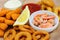 Beer snack, shrimps, calmar rings and fish sticks