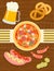 Beer and snacks: pizza, sausage, pistachio, shrimp, pretzels