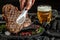 beer steak, Grilled steak and mug of beer. banner, menu, recipe place for text