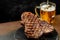 beer steak, Grilled steak and mug of beer. banner, menu, recipe place for text