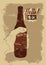 Beer typographical vintage style grunge poster. The hand holds an empty bottle of beer. Retro illustration.
