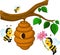 Bees cartoon holding flower and a beehive