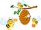 Bees cartoon holding flower and a beehive