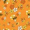 Bees and flowers and honeycomb seamless pattern Vector on orange background.