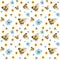 Bees and flowers watercolor print, seamless pattern in yellow and blue on white background, looks nice on fabrics, home textile