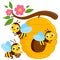 Bees flying around a beehive. Cute cartoon bees making honey in the garden in springtime. Vector illustration