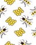 Bees, honey and honeycombs. Summer seamless pattern. Design for postcards, prints, clothes. Registration of medicines and