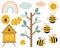 Bees honey pink and blue trees cloud rainbow vector illustration