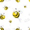 Bees seamless pattern. Vector illustration. Image of flying bees. Funny bees on a white background.
