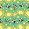 Bees swarm. Flowers glade, bees fly among the flowers. Green background. Seamless pattern