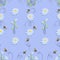 Bees. Vector background. Bee swarm in a camomile meadow. Bee meadow. Cute cartoon character.