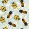 Bees and yellow beetle with black spots watercolor seamless pattern