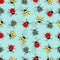 Beetle ladybug seamless pattern, insects vector background. Red and yellow speckled bugs striped on a blue . For fabric design,