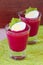 Beetroot, beet cream salad, mousse with eggs in shot glass