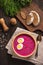 Beetroot cold soup with yogurt and eggs.