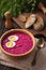 Beetroot cold soup with yogurt and eggs.