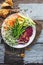 Beetroot Hummus Salad with Asparagus, Carrots, Cucumber. Vegan Salad