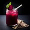 Beetroot juice in glass on wooden table with dark black background. AI generative.