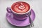 Beetroot latte coffee red beets colored milk foam on cappuccino cup in trendy food trend at american cafe restaurant