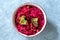 Beetroot Pad Thai Rice Noodles with Beet Flavored and Broccoli in Bowl