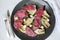 Beetroot Ravioli/Pelmeni filled with Ricotta-Goat cheese, sauteed Artichokes hearts in a sage butter sauce