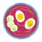 Beetroot soup in a bowl with sour cream, egg, cucumber and dill, isolated. Top view. Vector hand drawn illustration.