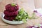 Beetroot vegan burgers with rice and beans