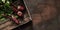 Beetroot in wooden box on dark background. Fresh vegetables, healthy organic food, harvest, agriculture, top view