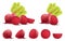 Beetroots isolated on white background. Fresh red beetroot whole, half, quarters and slices with leaves. Realistic 3d vector