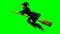 Befana on broom in flight on chroma key background