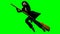 Befana on broom in flight on chroma key background