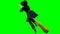 Befana on broom in flight on chroma key background