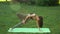 Beginner fitness woman performing yoga poses outdoors quickly giving up doing difficult exercise