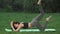 Beginner fitness woman performing yoga poses outdoors quickly giving up doing difficult exercise