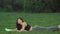 Beginner fitness woman performing yoga poses outdoors quickly giving up doing difficult exercise