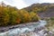 The beginning of autumn in a mountainous area, a river and a forest.