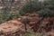 The beginning of Devil\\\'s Bridge, a natural sandstone arch, surrounded by evergreen trees and mountains in Sedona, Arizona