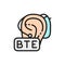 Behind the Ear Hearing Aid, BTE flat color line icon.