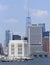 Behind the Governors Island vent tower of the Brooklynâ€šÃ„Ã¬Battery Tunnel is seen the skyline of Lower Manhattan, NYC