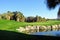 A behind the green view of a beautiful golf hole and green surrounded by palm trees and a pond in Palm Springs, California