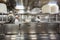 Behind the scenes view of food preparation in the kitchen, galley on board a large cruise ship at Sea in Queen Victori