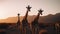 Behold the awe-inspiring image of multiple giraffes against the backdrop of the setting sun, their silhouettes blending