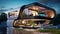 Behold a mesmerizing water house, captivatingly suspended on the oceans surface, A futuristic home with smart home features, AI