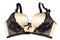 A beige and black lacy flowery brassiere with shoulder straps