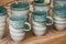 Beige and blue pottery cups service