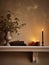 Beige and brown home interior decor, winter seasonal cozy apartment decoration with burning candles and empty wall, copy