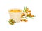 Beige ceramic cup with sea buckthorn tea. Vector illustration on white background.