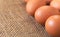 Beige coloured eggs on jute textile cloth, closeup detail, space for text left down corner