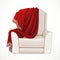 Beige comfortable armchair with dark red plaid