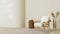 Beige contemporary minimalist interior with curvy wall ,armchair, blank wall, coffee table, rug and decor. 3d